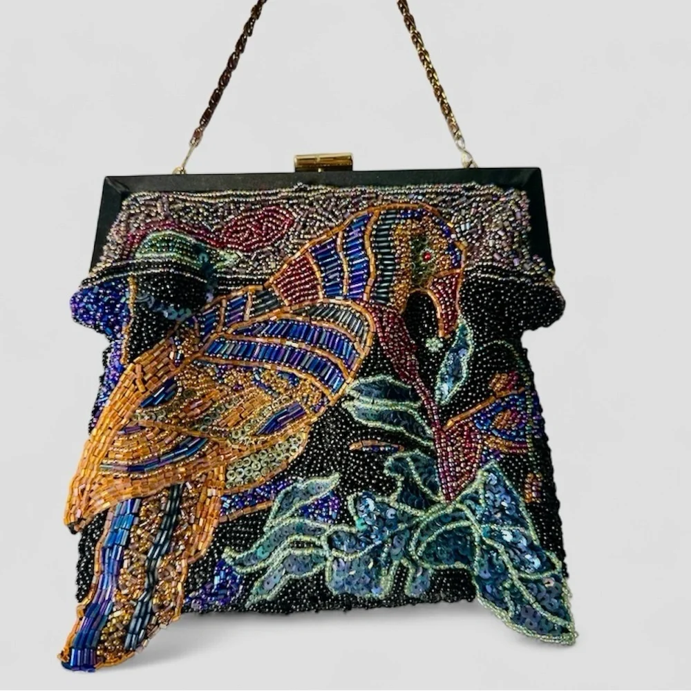 Vintage Preston & York colorful glass beaded mini handbag parrot tropical design